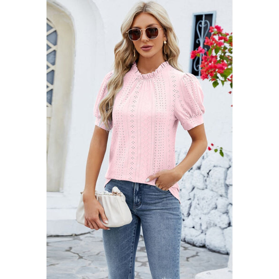 Frill Mock Neck Short Sleeve Eyelet Blouse Blush Pink / S Apparel and Accessories