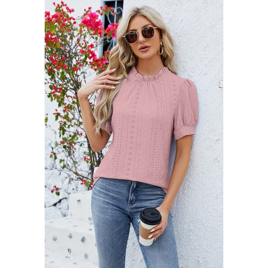 Frill Mock Neck Short Sleeve Eyelet Blouse Dusty Pink / S Apparel and Accessories