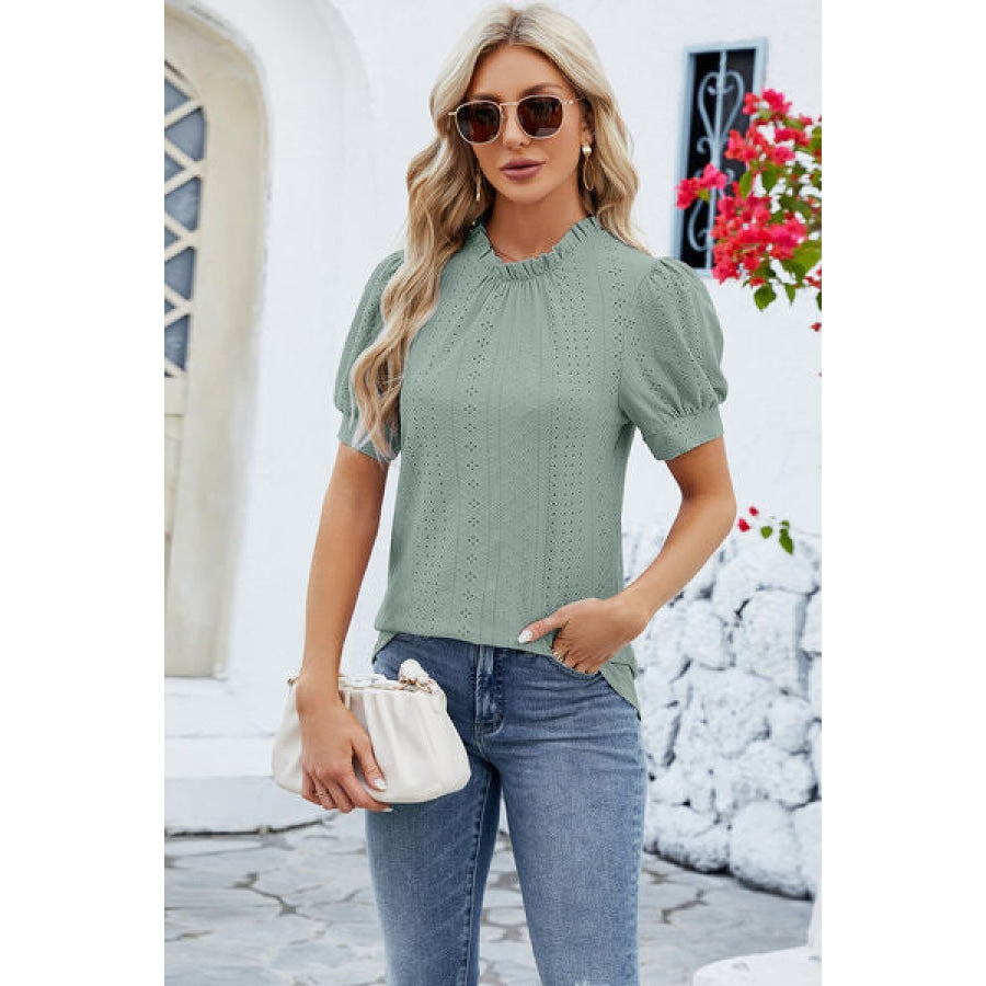 Frill Mock Neck Short Sleeve Eyelet Blouse Gum Leaf / S Apparel and Accessories