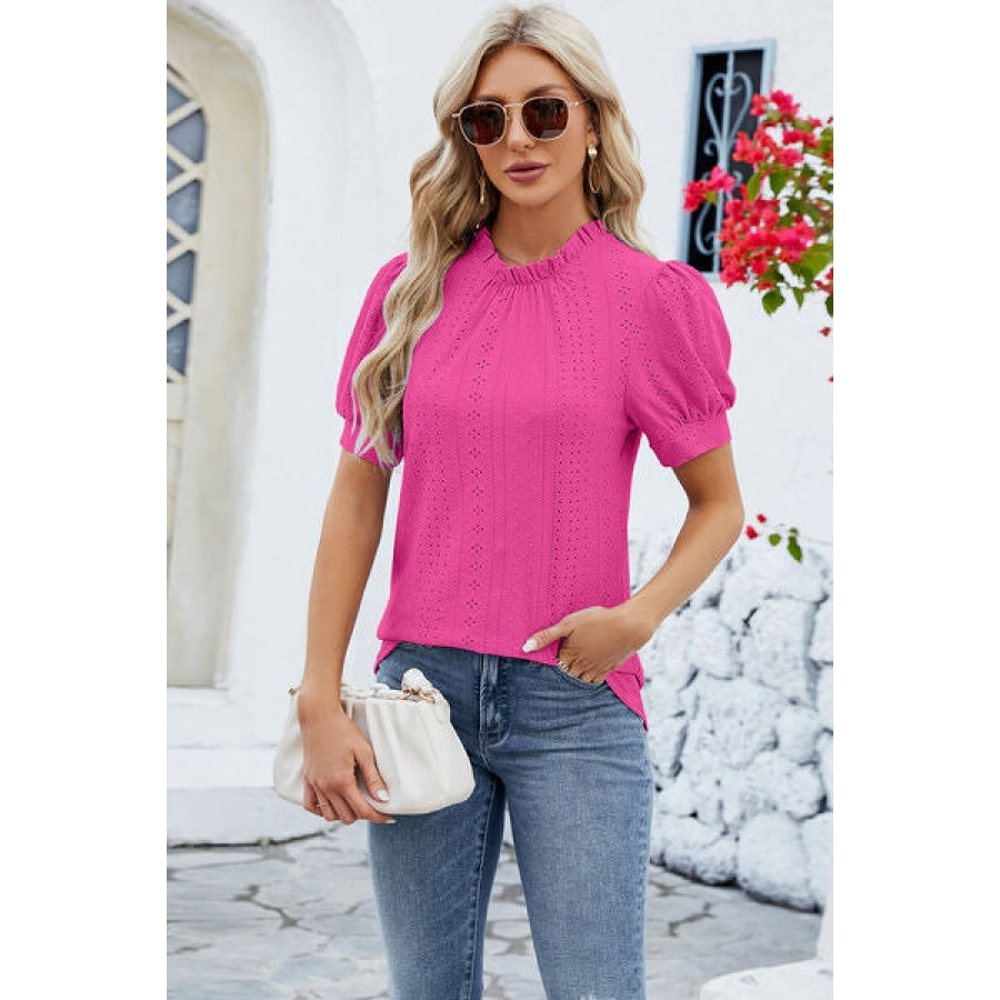 Frill Mock Neck Short Sleeve Eyelet Blouse Hot Pink / S Apparel and Accessories