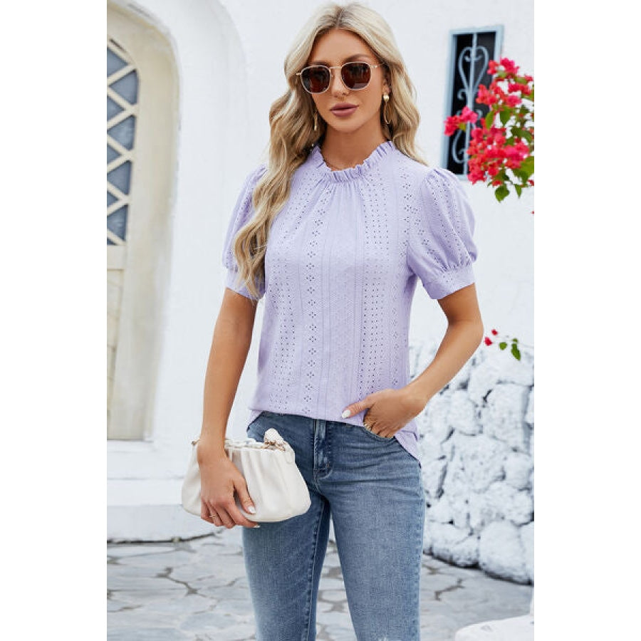 Frill Mock Neck Short Sleeve Eyelet Blouse Lavender / S Apparel and Accessories