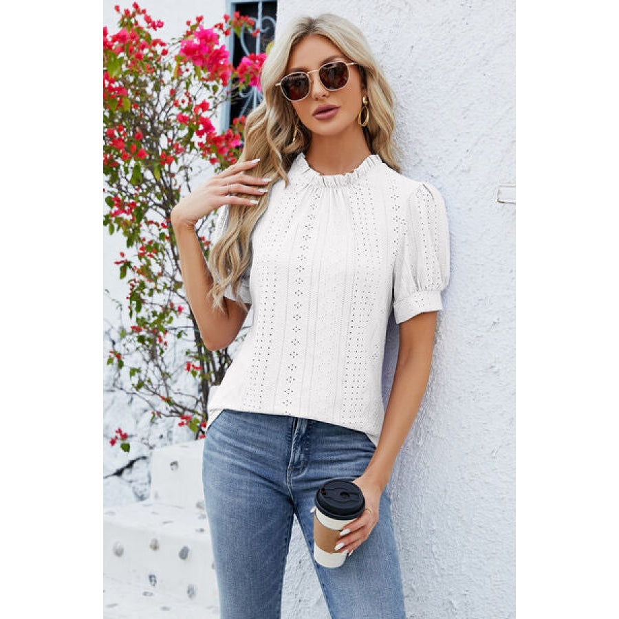 Frill Mock Neck Short Sleeve Eyelet Blouse White / S Apparel and Accessories