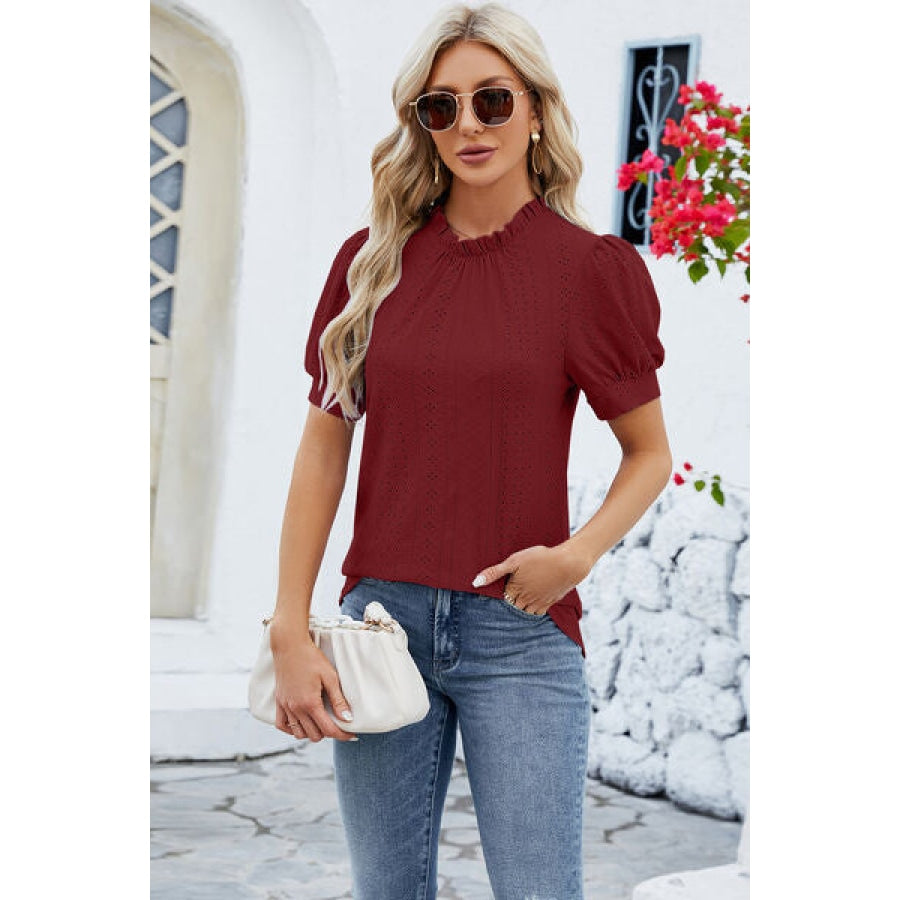 Frill Mock Neck Short Sleeve Eyelet Blouse Wine / S Apparel and Accessories