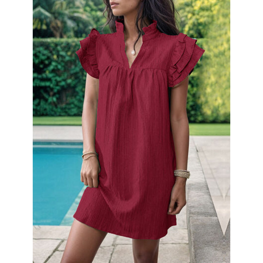 Frill Notched Flounce Sleeve Mini Dress Wine / S Apparel and Accessories