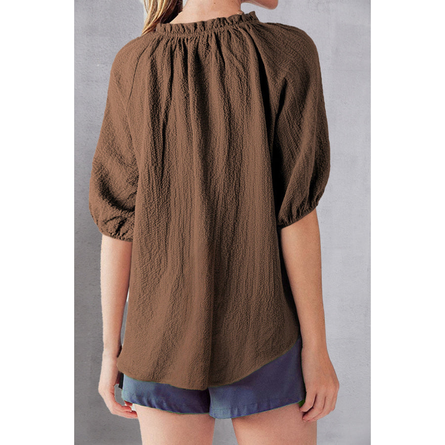 Frill Notched Half Sleeve Blouse Apparel and Accessories