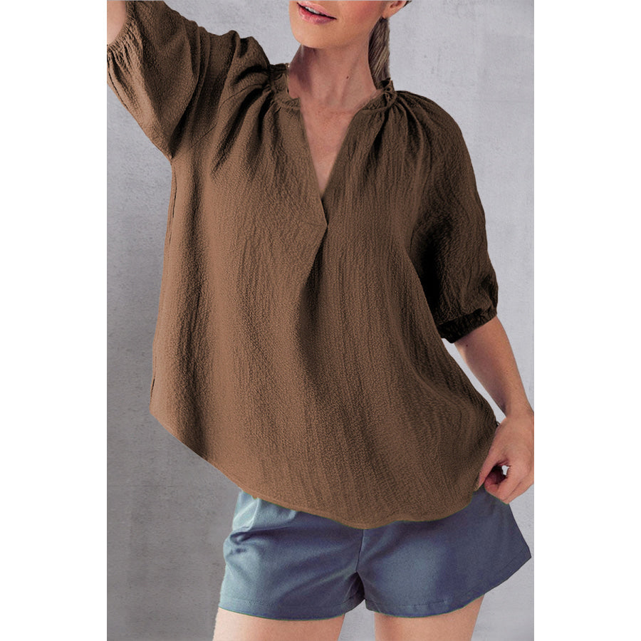 Frill Notched Half Sleeve Blouse Chestnut / S Apparel and Accessories