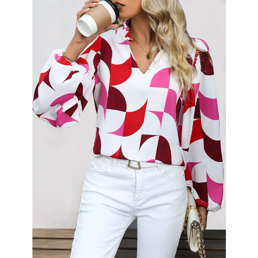 Frill Notched Long Sleeve Blouse Apparel and Accessories