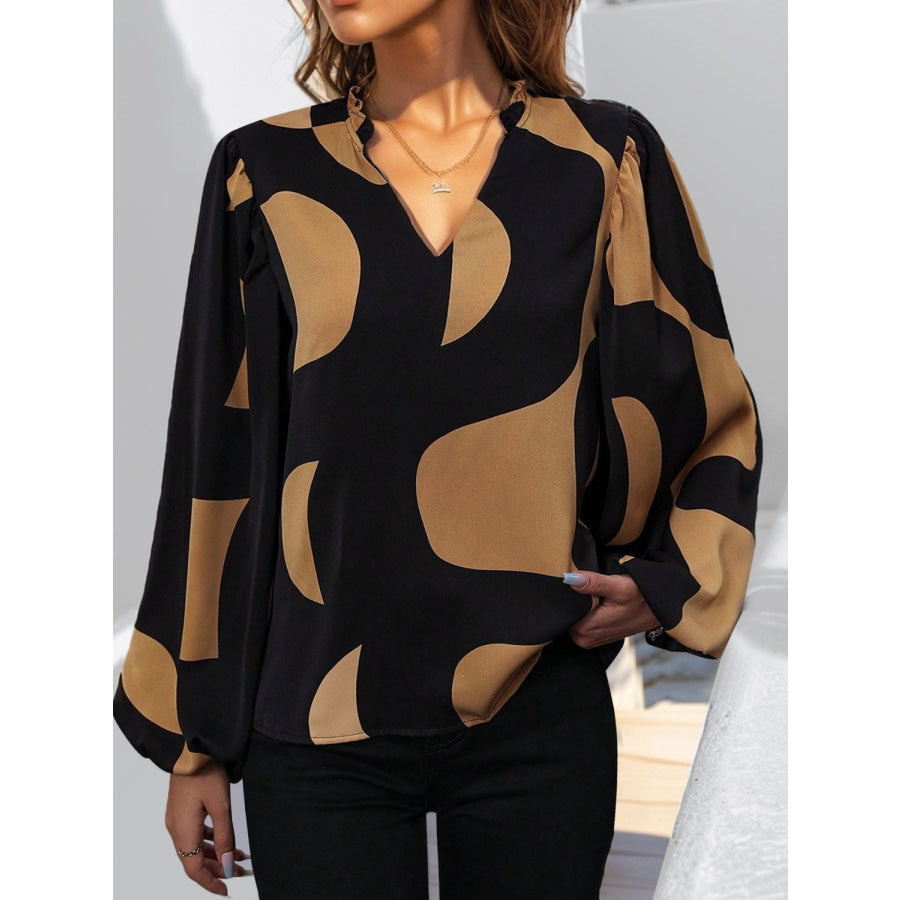 Frill Notched Long Sleeve Blouse Apparel and Accessories