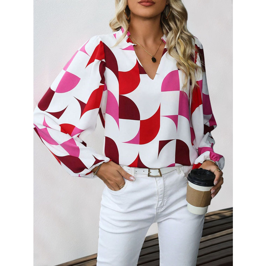 Frill Notched Long Sleeve Blouse Apparel and Accessories