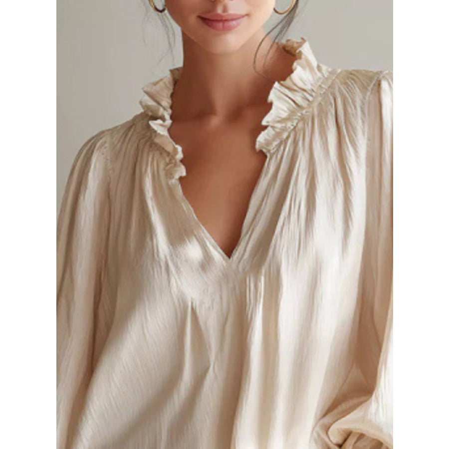 Frill Notched Long Sleeve Blouse Apparel and Accessories