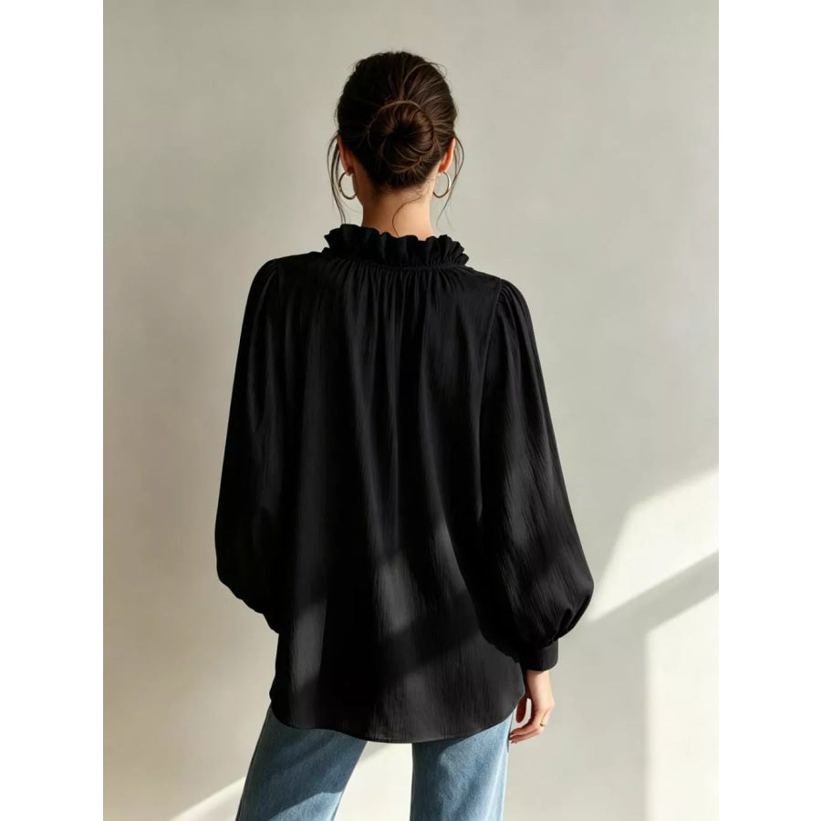 Frill Notched Long Sleeve Blouse Apparel and Accessories