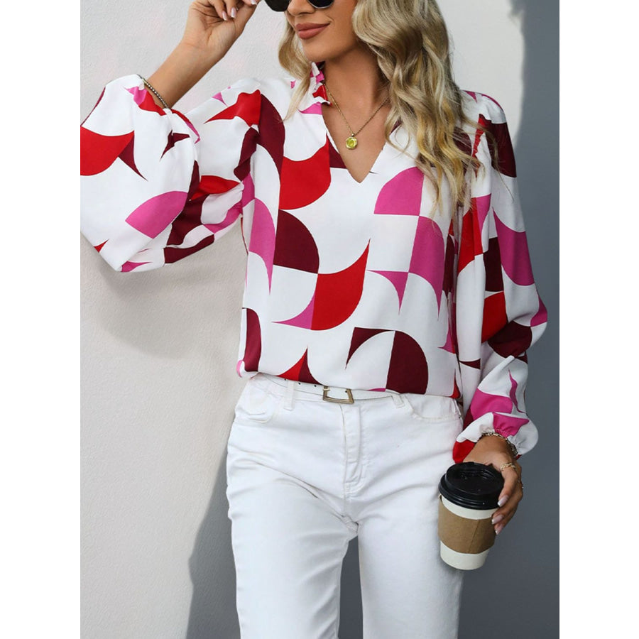 Frill Notched Long Sleeve Blouse Apparel and Accessories