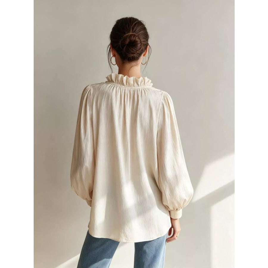 Frill Notched Long Sleeve Blouse Apparel and Accessories