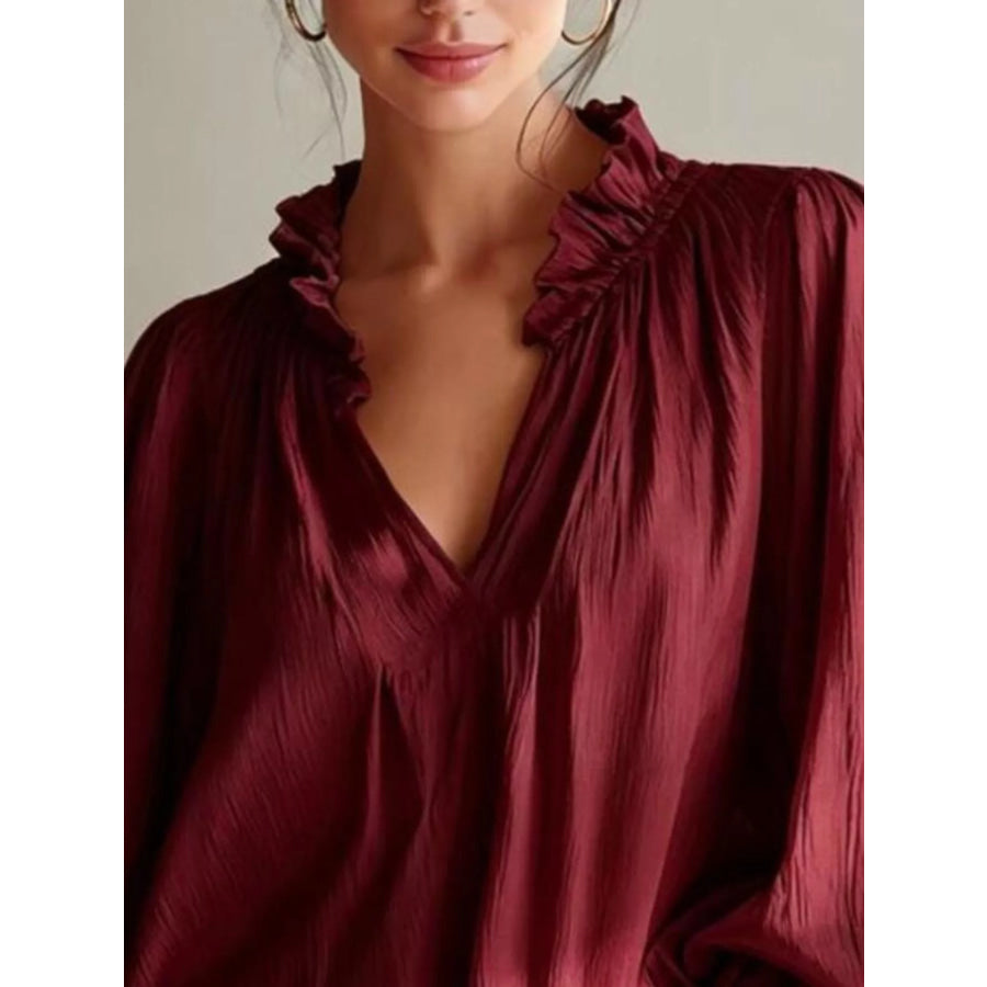 Frill Notched Long Sleeve Blouse Apparel and Accessories