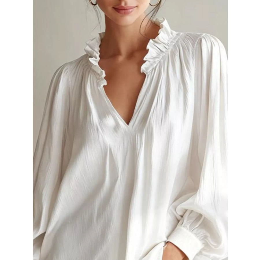 Frill Notched Long Sleeve Blouse Apparel and Accessories