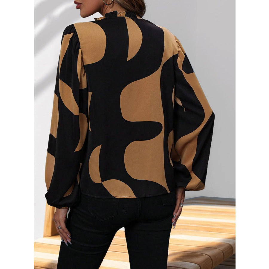 Frill Notched Long Sleeve Blouse Apparel and Accessories