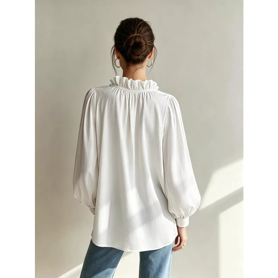 Frill Notched Long Sleeve Blouse Apparel and Accessories