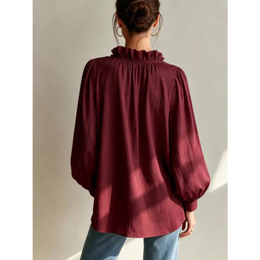 Frill Notched Long Sleeve Blouse Burgundy / S Apparel and Accessories