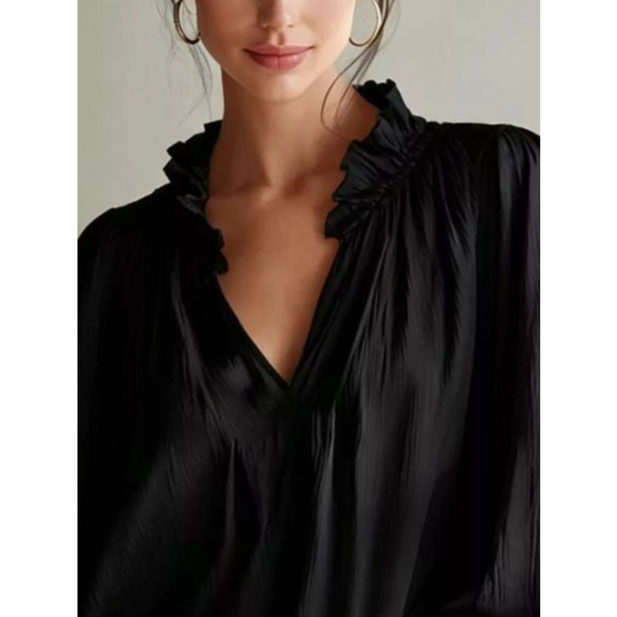 Frill Notched Long Sleeve Blouse Apparel and Accessories