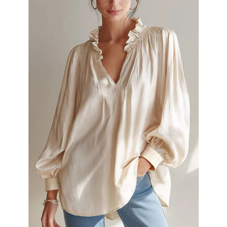 Frill Notched Long Sleeve Blouse Beige / S Apparel and Accessories