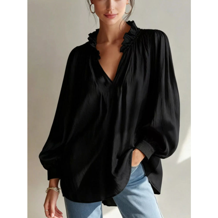 Frill Notched Long Sleeve Blouse Black / S Apparel and Accessories