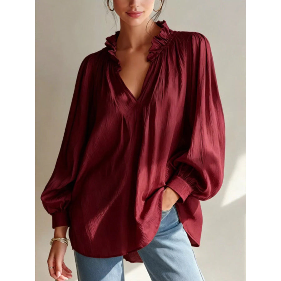Frill Notched Long Sleeve Blouse Burgundy / S Apparel and Accessories