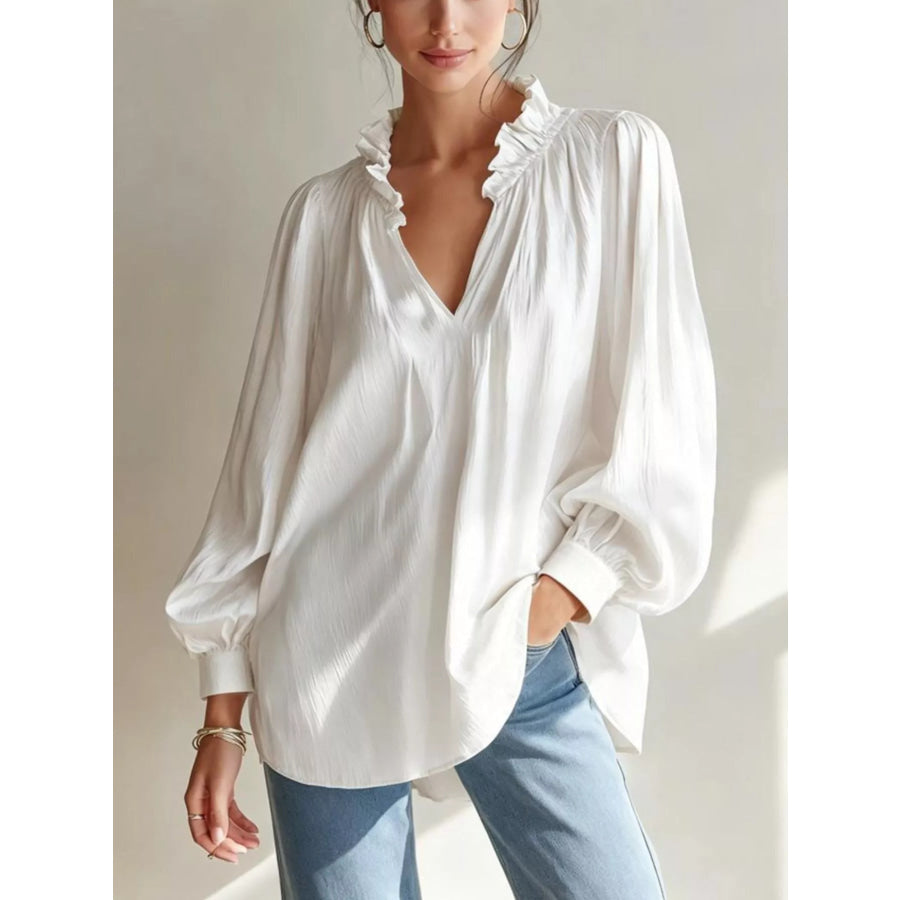 Frill Notched Long Sleeve Blouse White / S Apparel and Accessories
