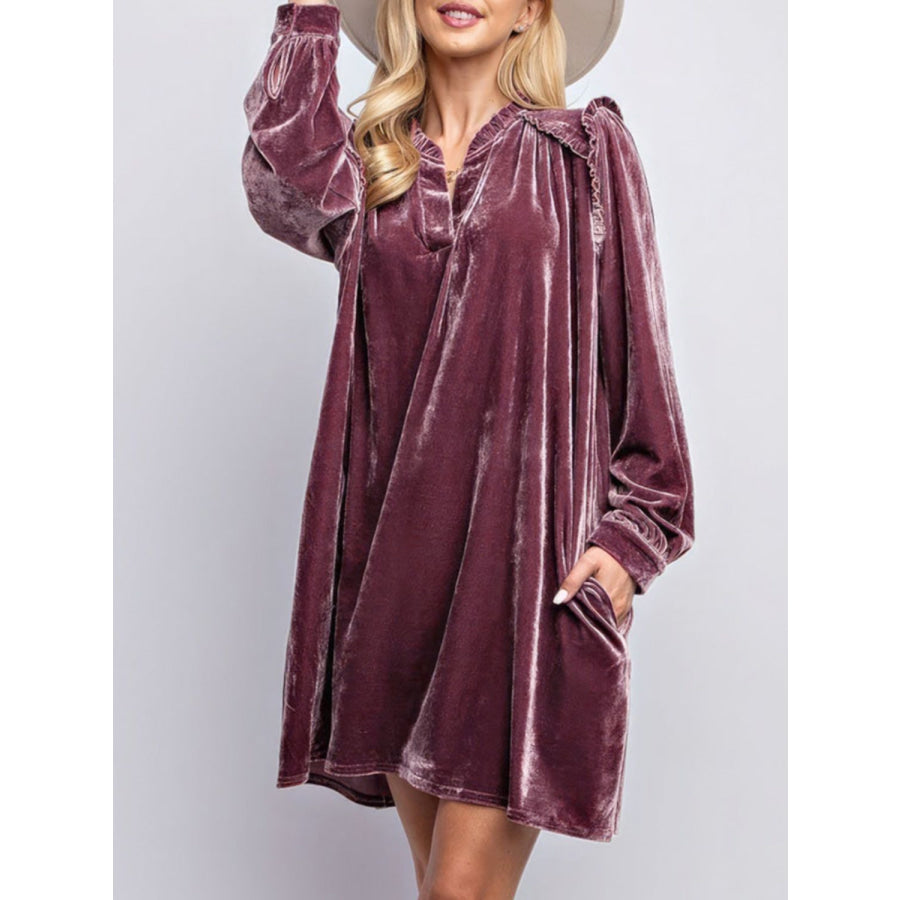 Frill Notched Long Sleeve Dress with Pockets Apparel and Accessories