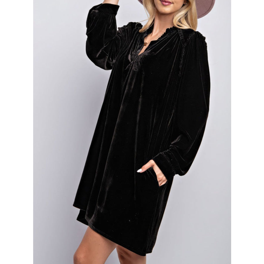 Frill Notched Long Sleeve Dress with Pockets Apparel and Accessories