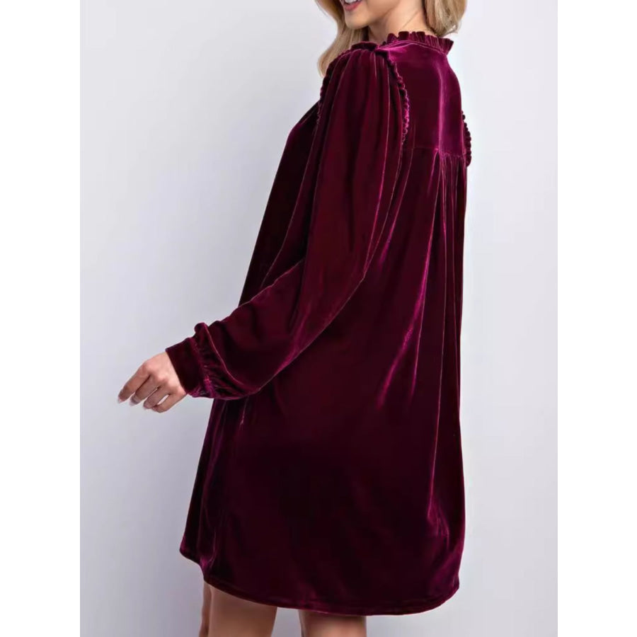 Frill Notched Long Sleeve Dress with Pockets Apparel and Accessories