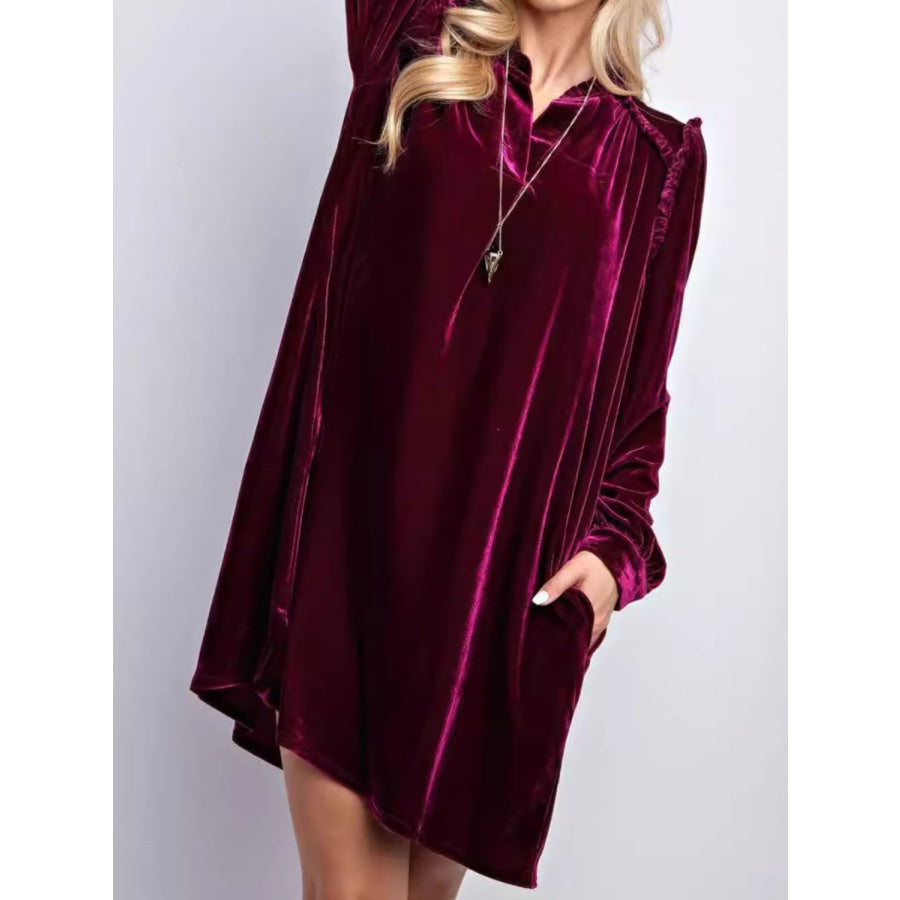 Frill Notched Long Sleeve Dress with Pockets Apparel and Accessories