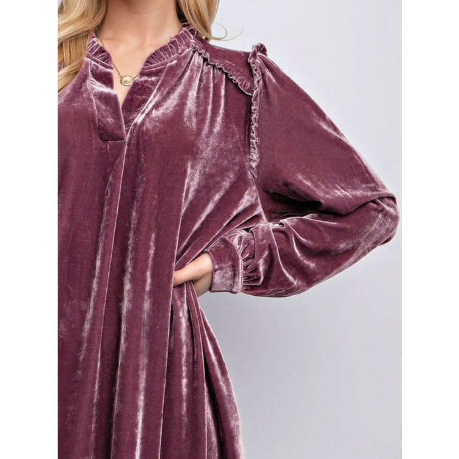 Frill Notched Long Sleeve Dress with Pockets Apparel and Accessories