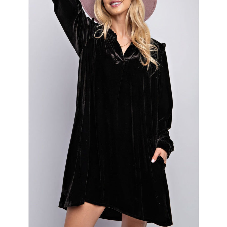 Frill Notched Long Sleeve Dress with Pockets Black / S Apparel and Accessories