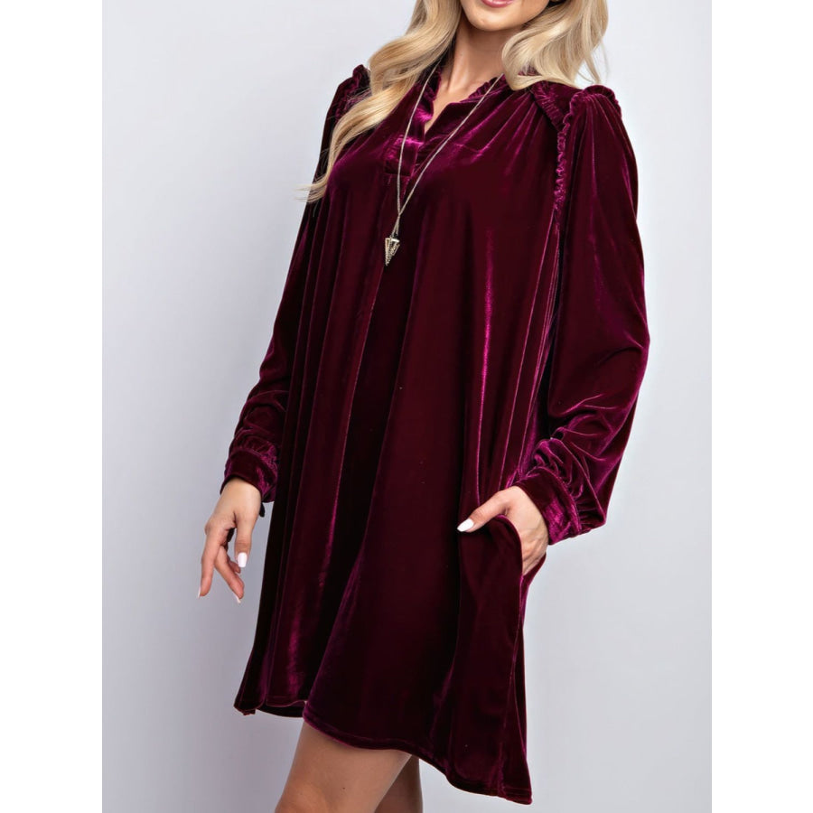 Frill Notched Long Sleeve Dress with Pockets Burgundy / S Apparel and Accessories