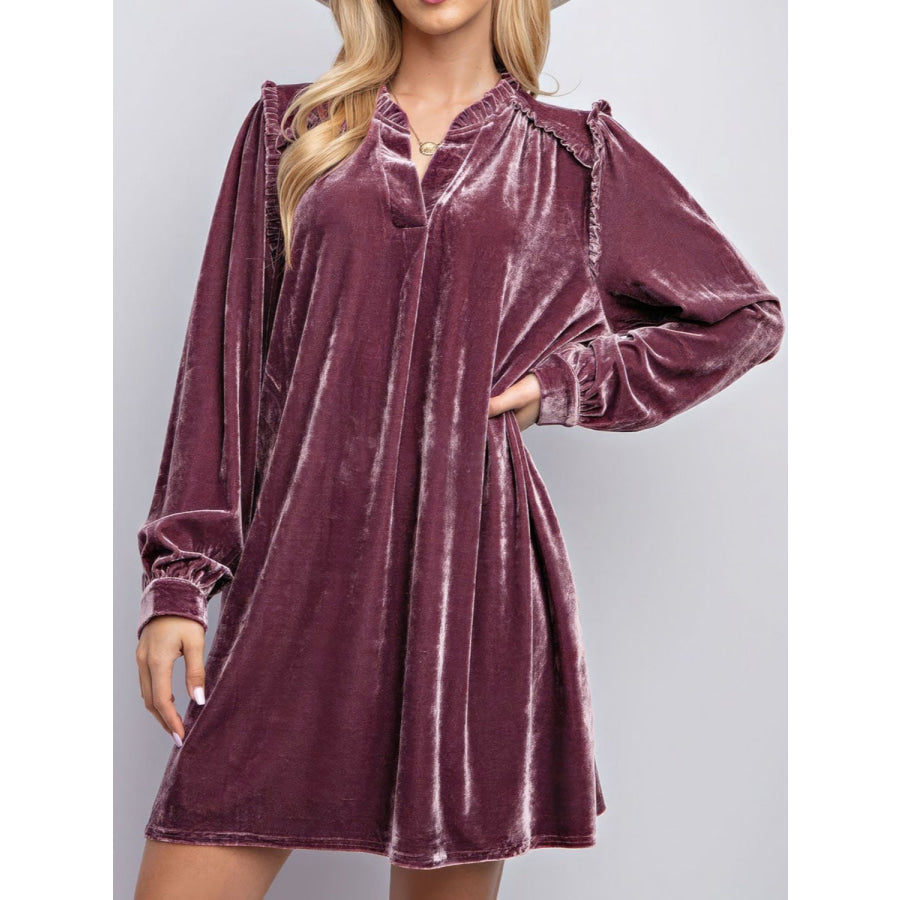 Frill Notched Long Sleeve Dress with Pockets Dusty Pink / S Apparel and Accessories