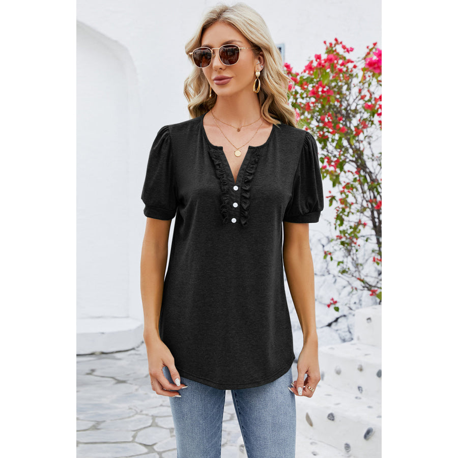 Frill Notched Short Sleeve Blouse Apparel and Accessories