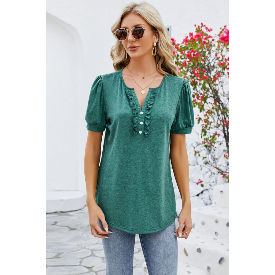 Frill Notched Short Sleeve Blouse Apparel and Accessories