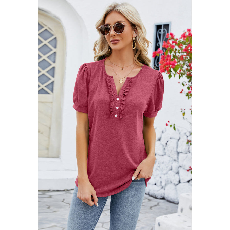 Frill Notched Short Sleeve Blouse Apparel and Accessories