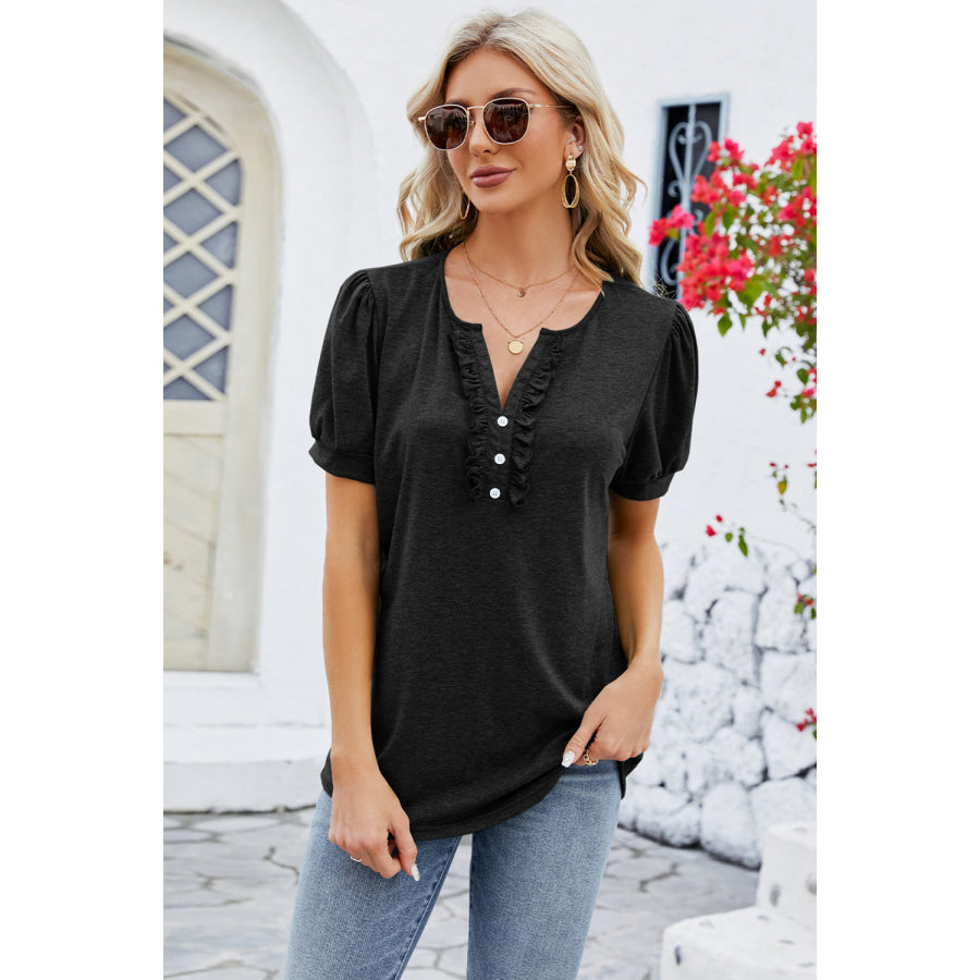 Frill Notched Short Sleeve Blouse Apparel and Accessories