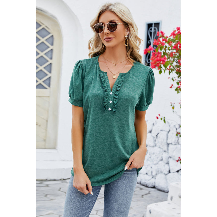 Frill Notched Short Sleeve Blouse Apparel and Accessories