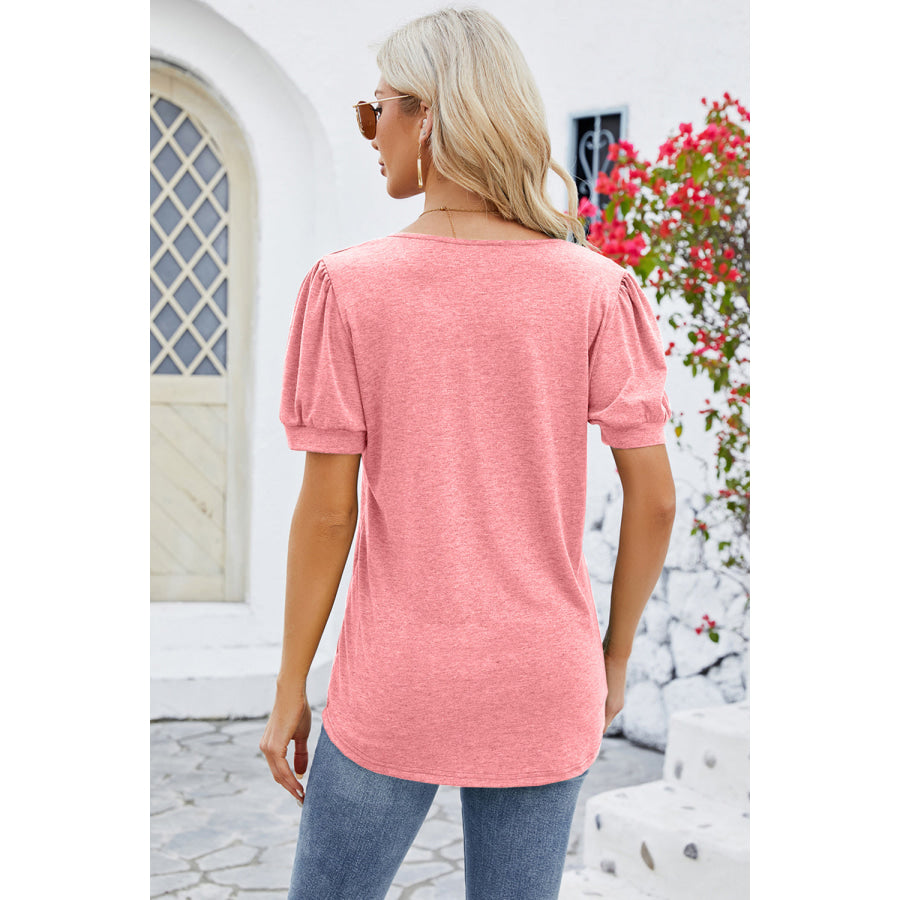 Frill Notched Short Sleeve Blouse Apparel and Accessories