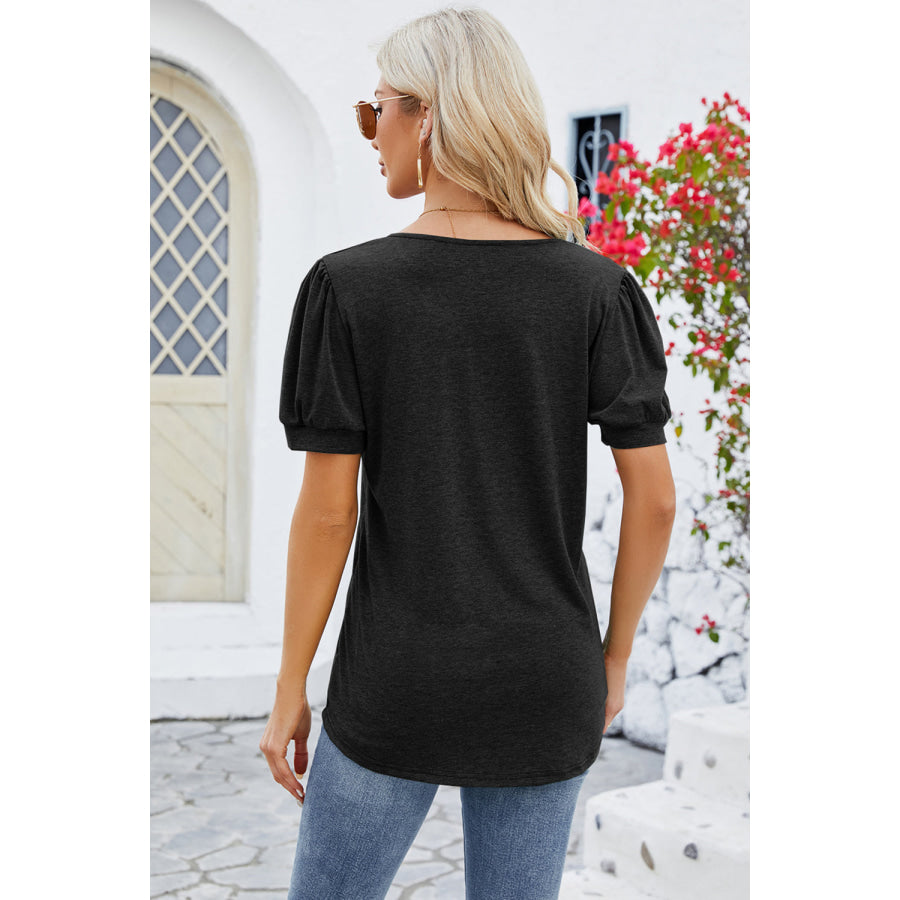 Frill Notched Short Sleeve Blouse Apparel and Accessories