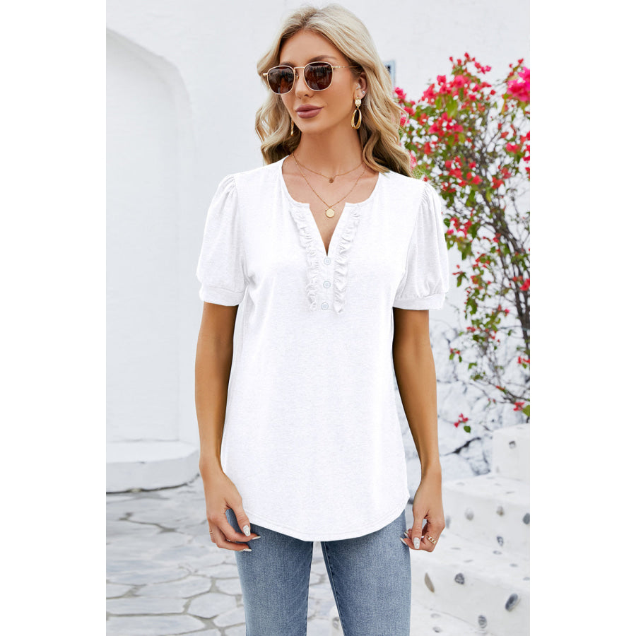 Frill Notched Short Sleeve Blouse Apparel and Accessories