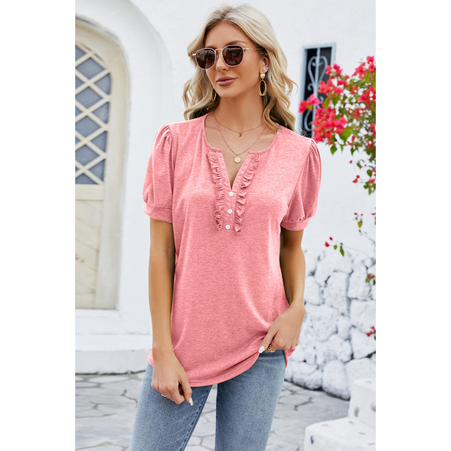 Frill Notched Short Sleeve Blouse Apparel and Accessories