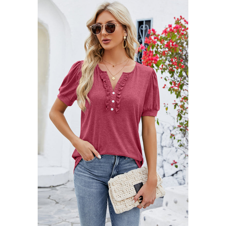 Frill Notched Short Sleeve Blouse Apparel and Accessories