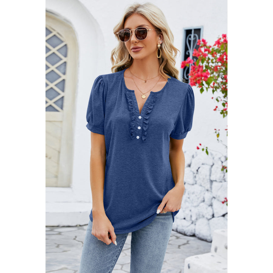 Frill Notched Short Sleeve Blouse Apparel and Accessories