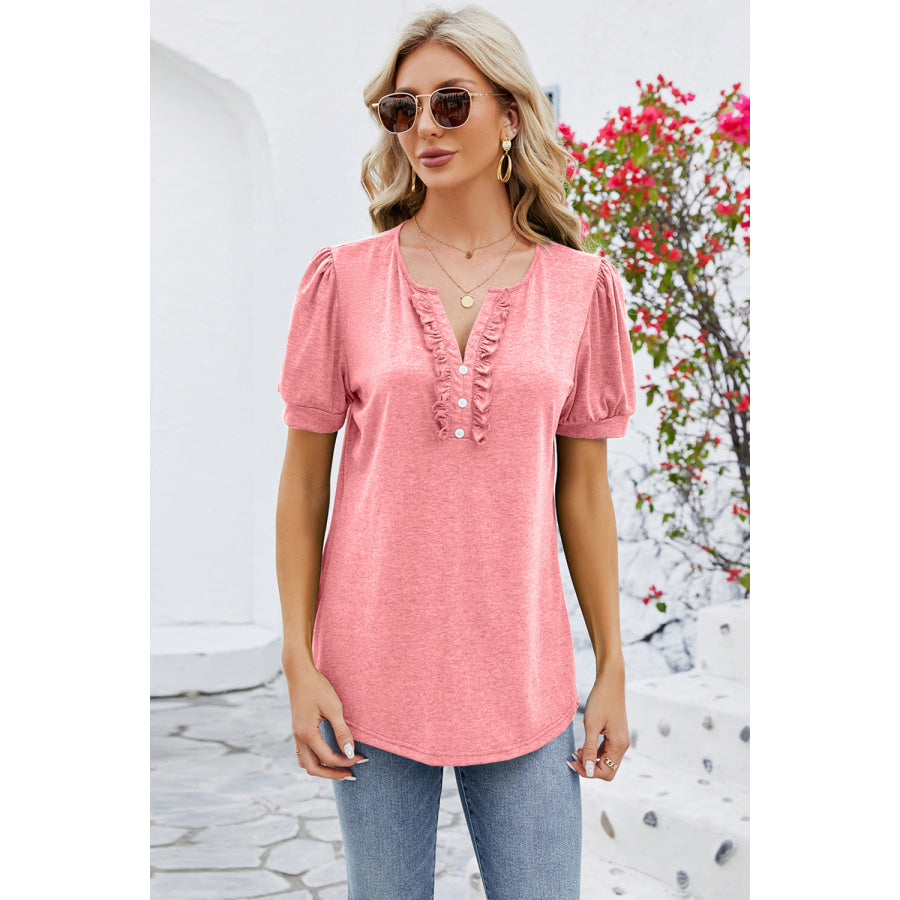 Frill Notched Short Sleeve Blouse Burnt Coral / S Apparel and Accessories