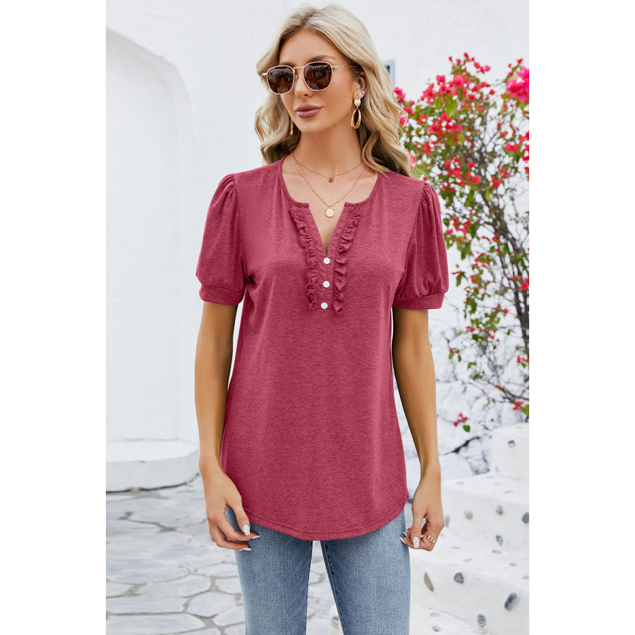 Frill Notched Short Sleeve Blouse Deep Rose / S Apparel and Accessories