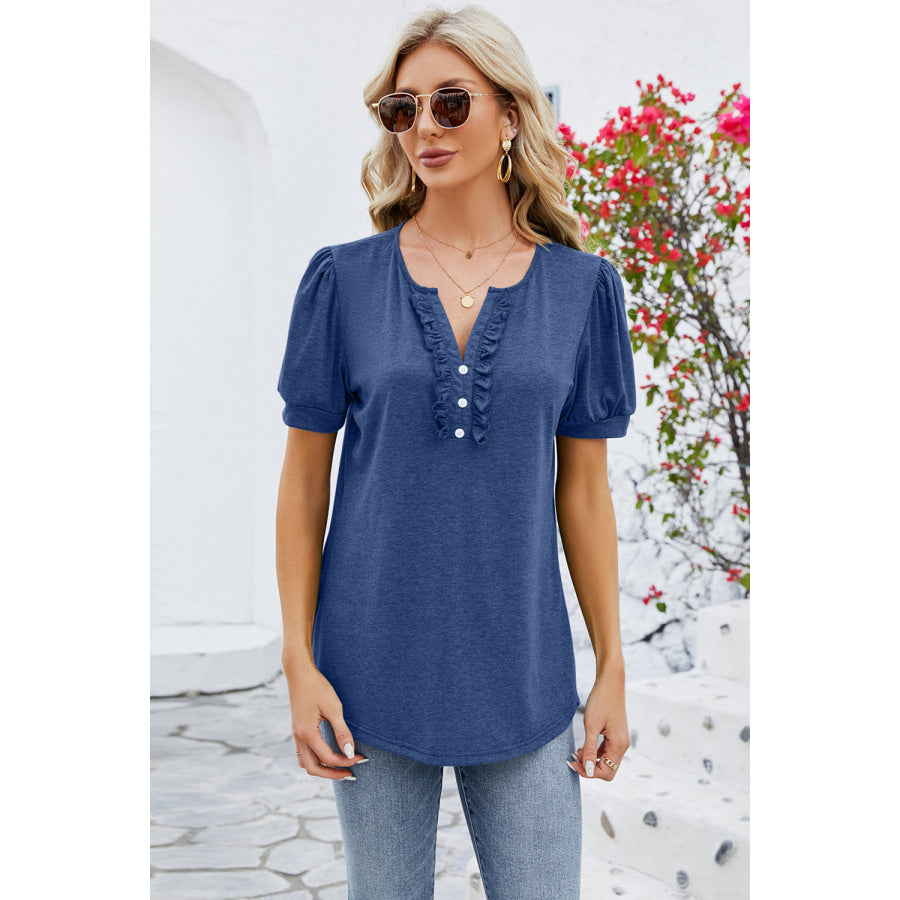 Frill Notched Short Sleeve Blouse Peacock Blue / S Apparel and Accessories