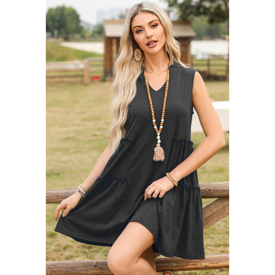 Frill Notched Sleeveless Mini Dress Apparel and Accessories